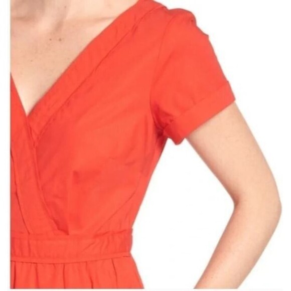 J. Crew Short Sleeve Cotton Poplin Red Orange Midi Dress Size 00 - Picture 4 of 14